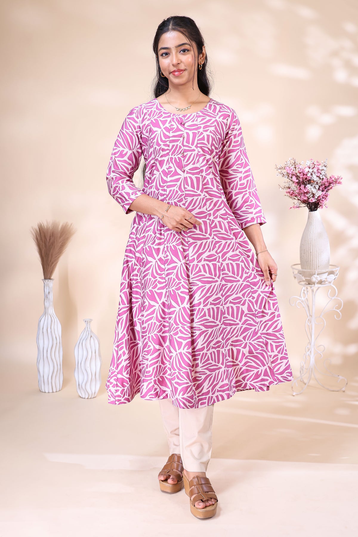 Pink and Off-White Leaf Printed Flared with Solid Trousers umbrella  Top