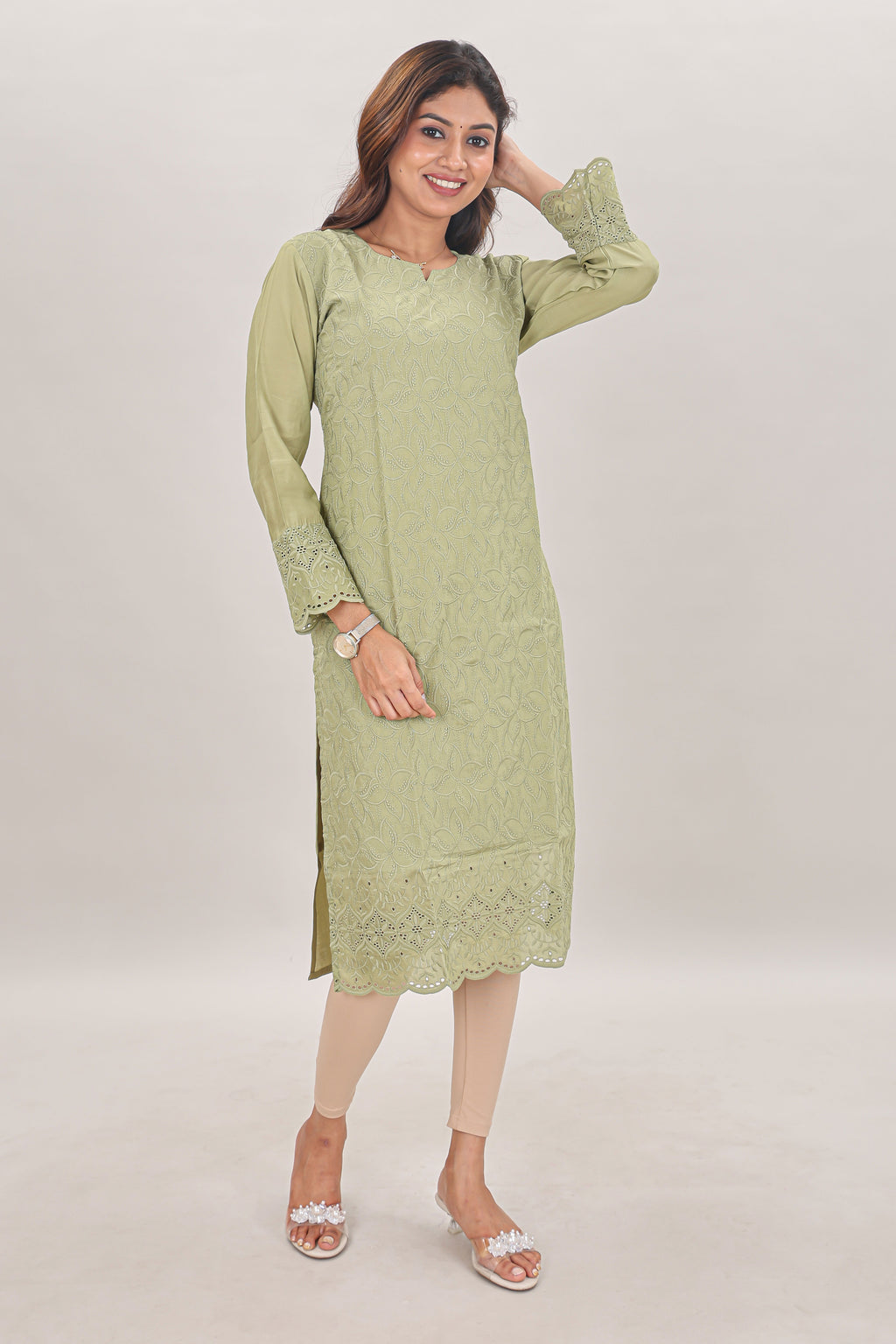 Pastel Sage Embroidered Chikankari Georgette Kurta single piece