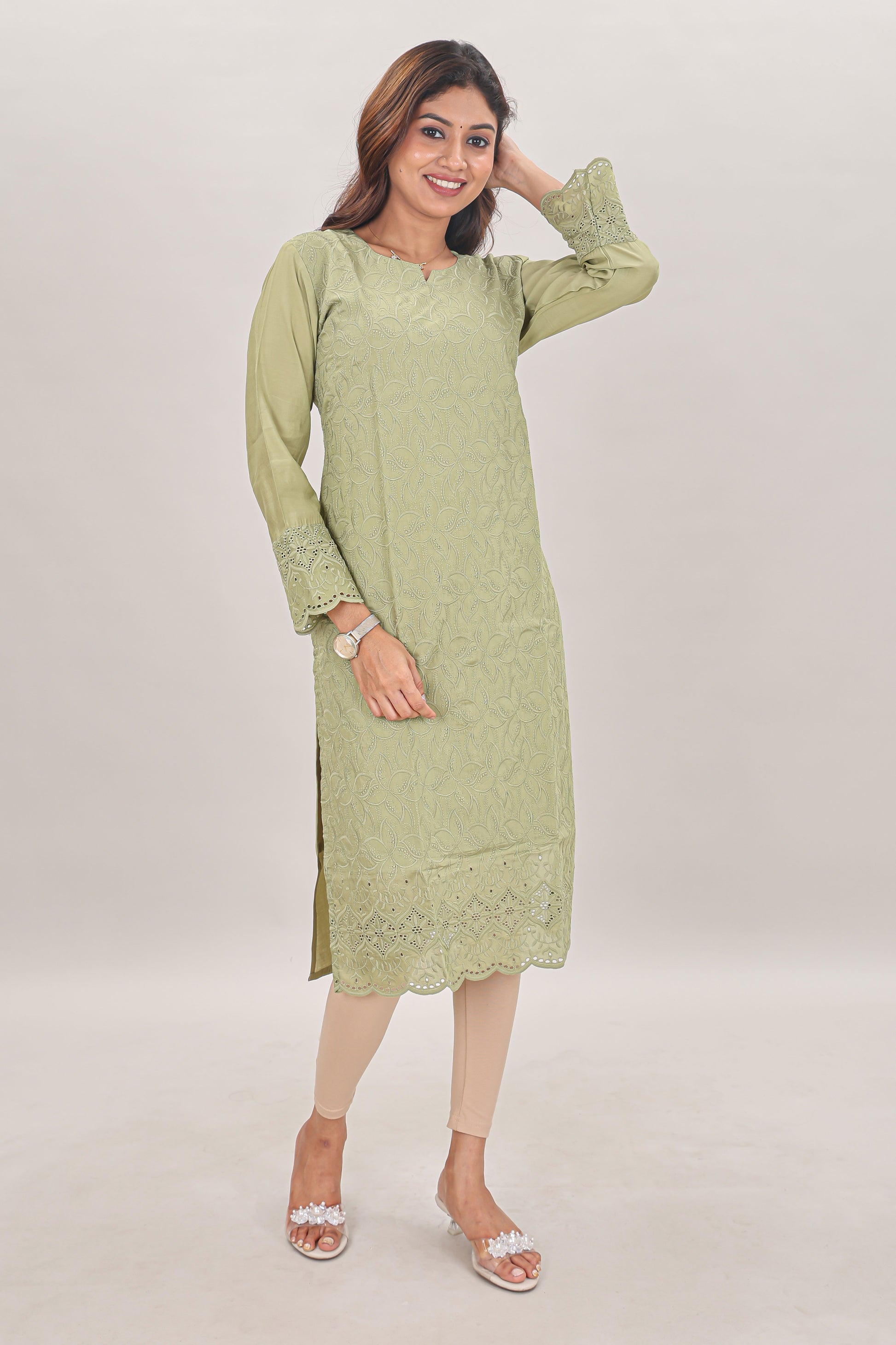 Pastel Sage Embroidered Chikankari Georgette Kurta single piece
