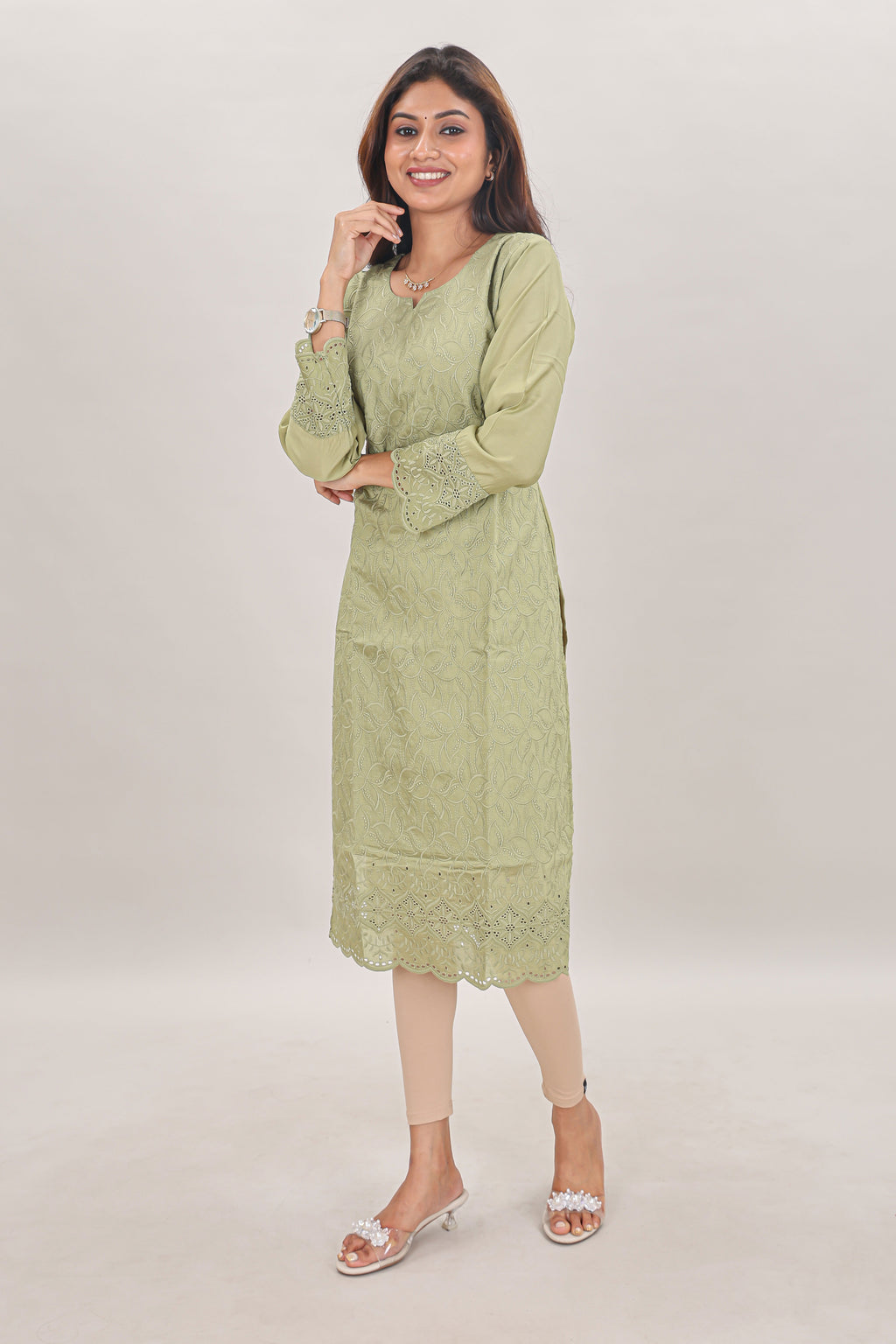 Pastel Sage Embroidered Chikankari Georgette Kurta single piece
