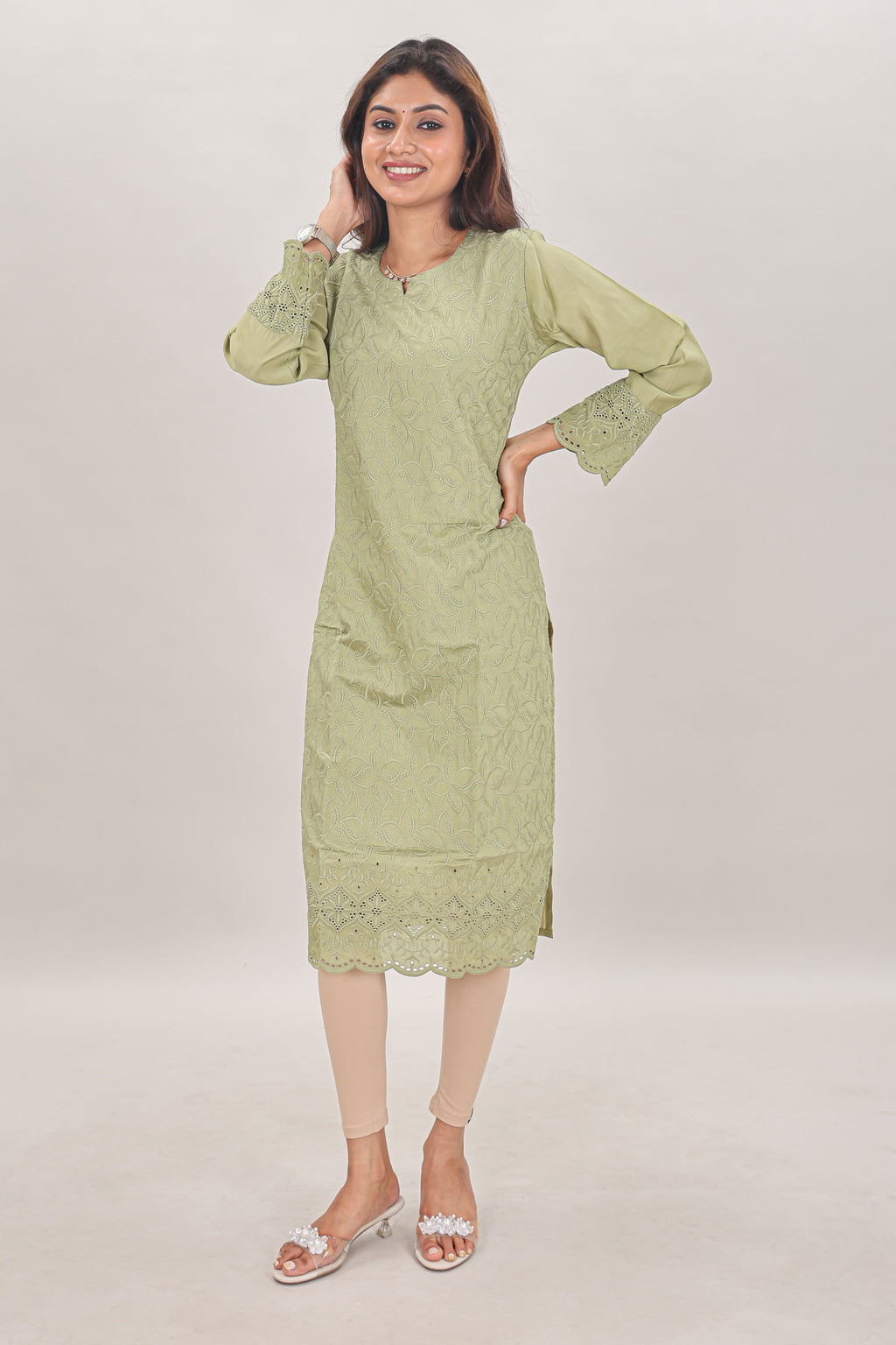 Pastel Sage Embroidered Chikankari Georgette Kurta single piece