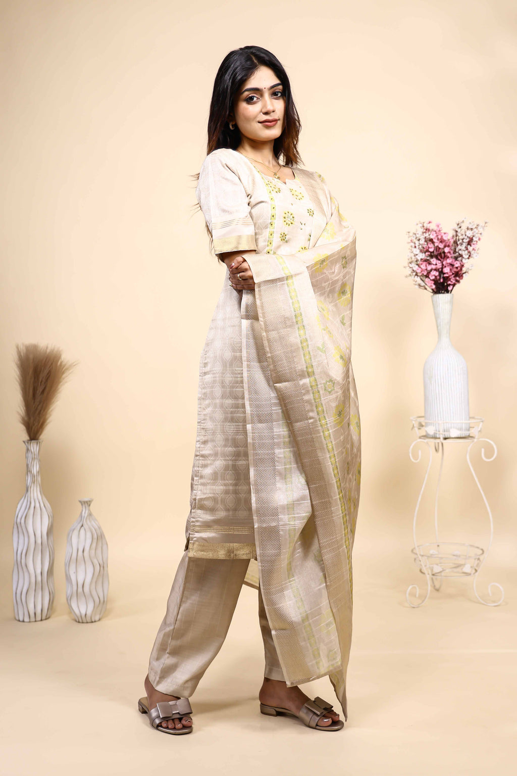Elegant Beige & Gold Embroidered 3 Piece Set with Dupatta