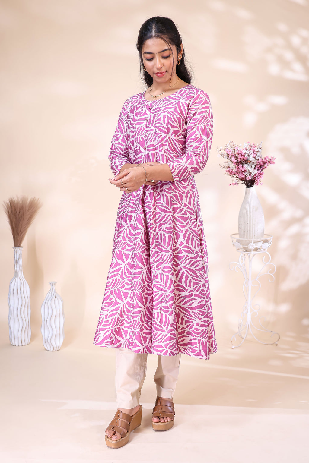 Pink and Off-White Leaf Printed Flared with Solid Trousers umbrella  Top