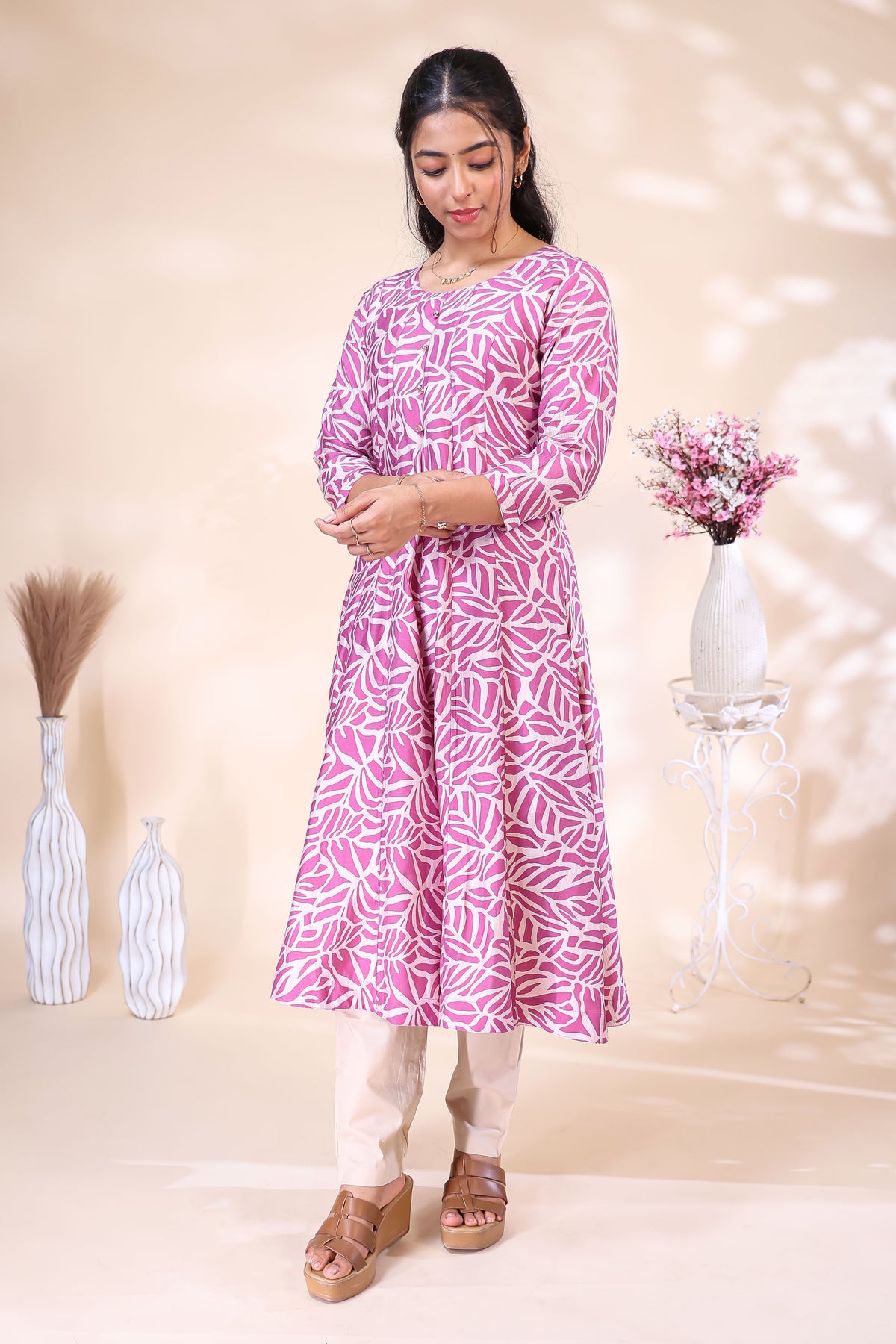 Pink and Off-White Leaf Printed Flared with Solid Trousers umbrella  Top