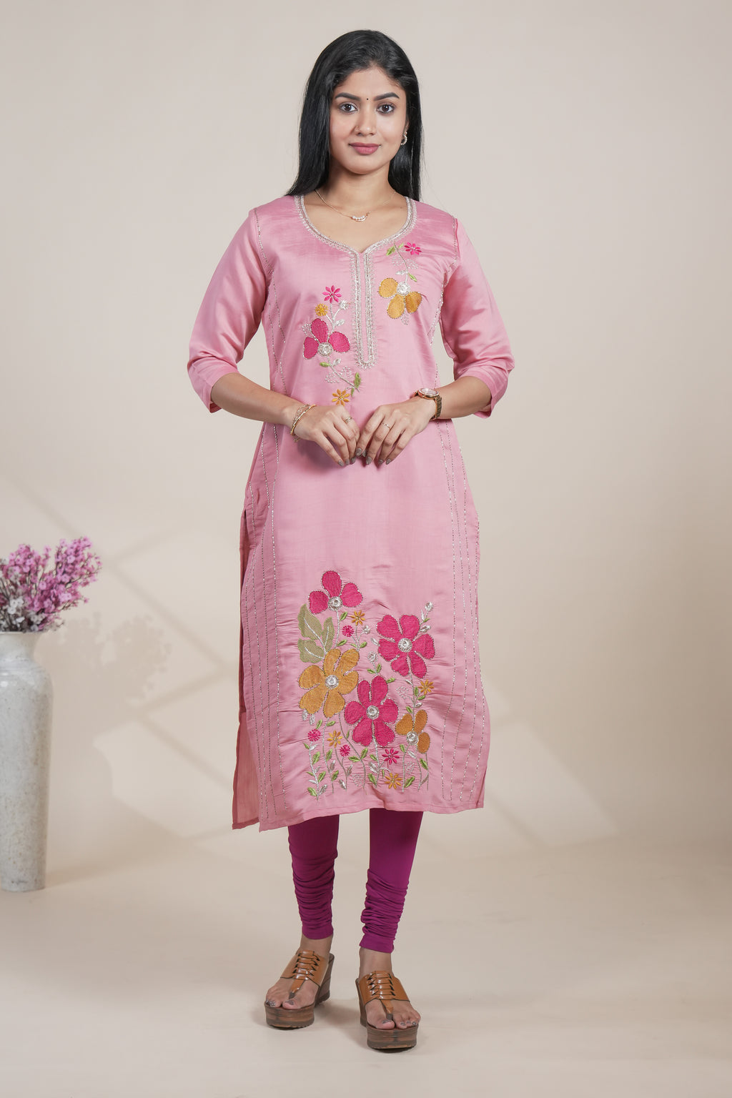 Elegant Pink Floral Embroidered Straight Kurti single piece