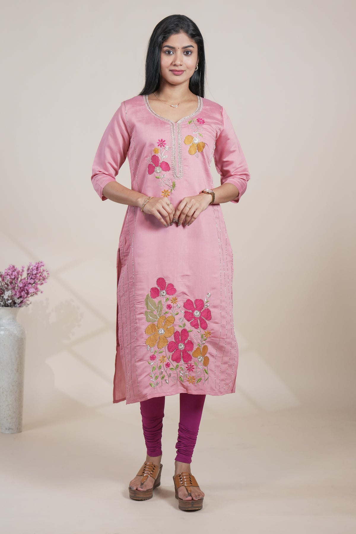 Elegant Pink Floral Embroidered Straight Kurti single piece