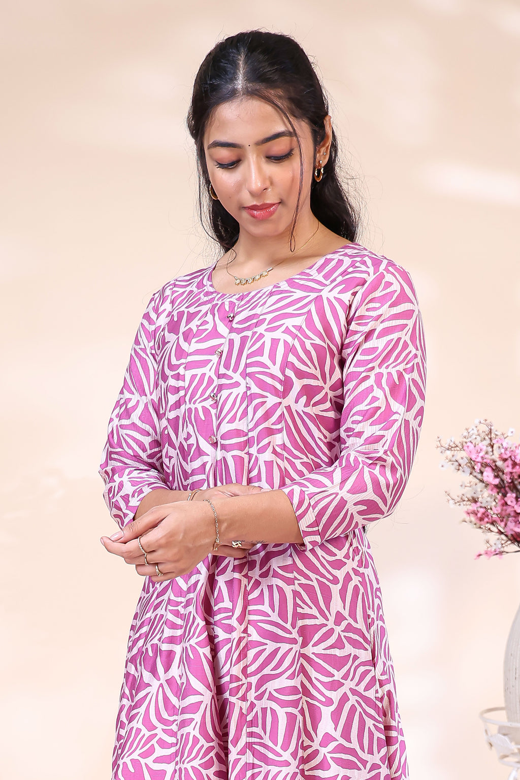 Pink and Off-White Leaf Printed Flared with Solid Trousers umbrella  Top