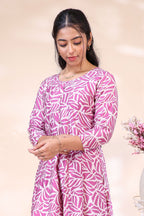 Pink and Off-White Leaf Printed Flared with Solid Trousers umbrella  Top