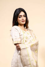 Elegant Beige & Gold Embroidered 3 Piece Set with Dupatta