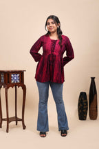 Women's Wine Shibori Printed Lace-Up Fusion Tunic Top