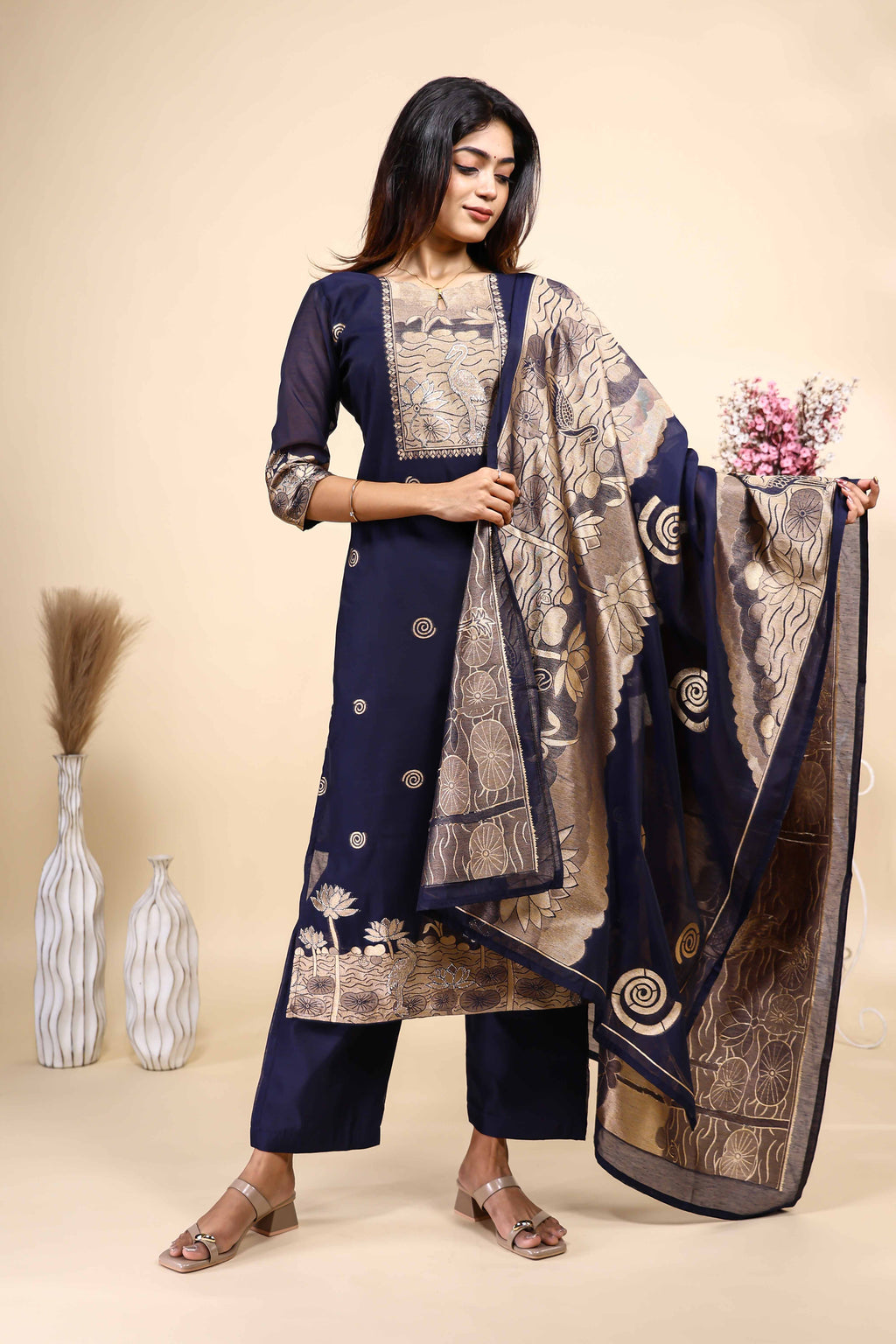 Navy Blue Printed Kurta Set with Matching Dupatta 3 Piece set