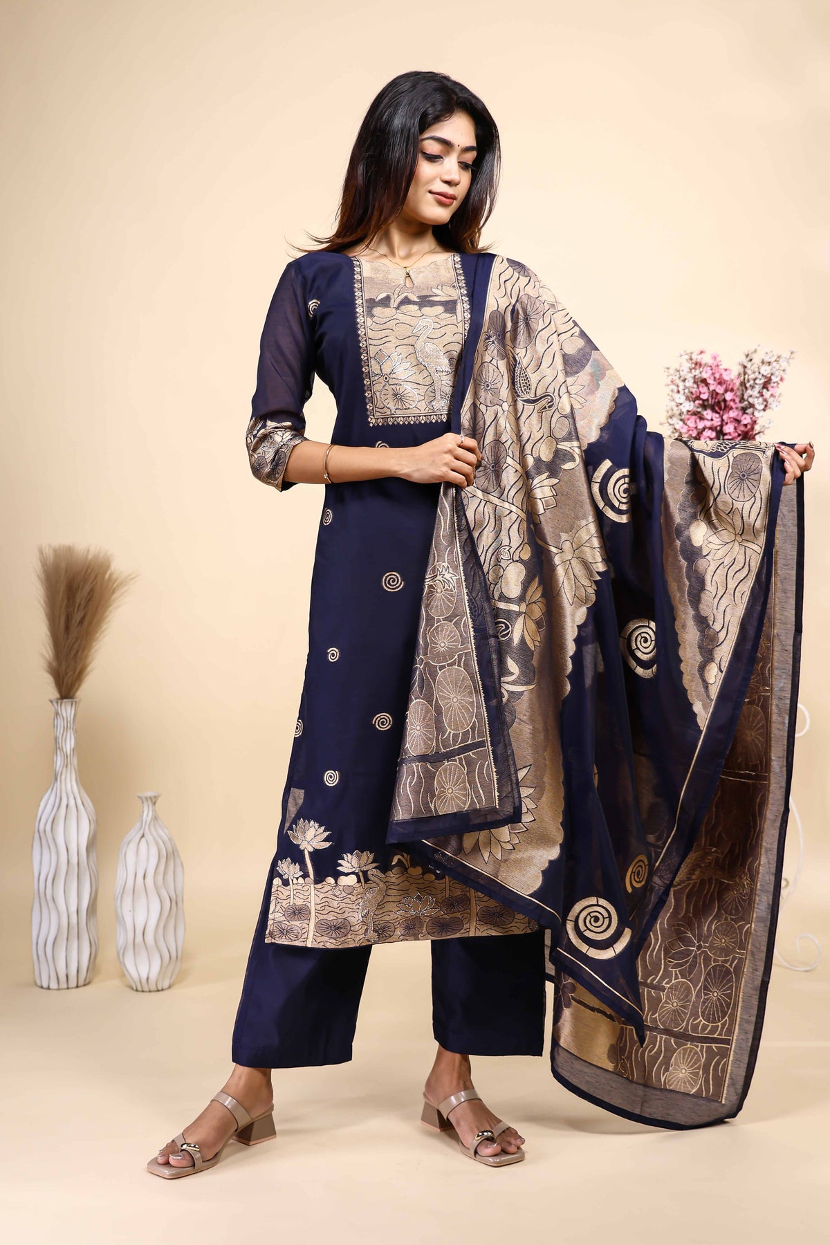 Navy Blue Printed Kurta Set with Matching Dupatta 3 Piece set