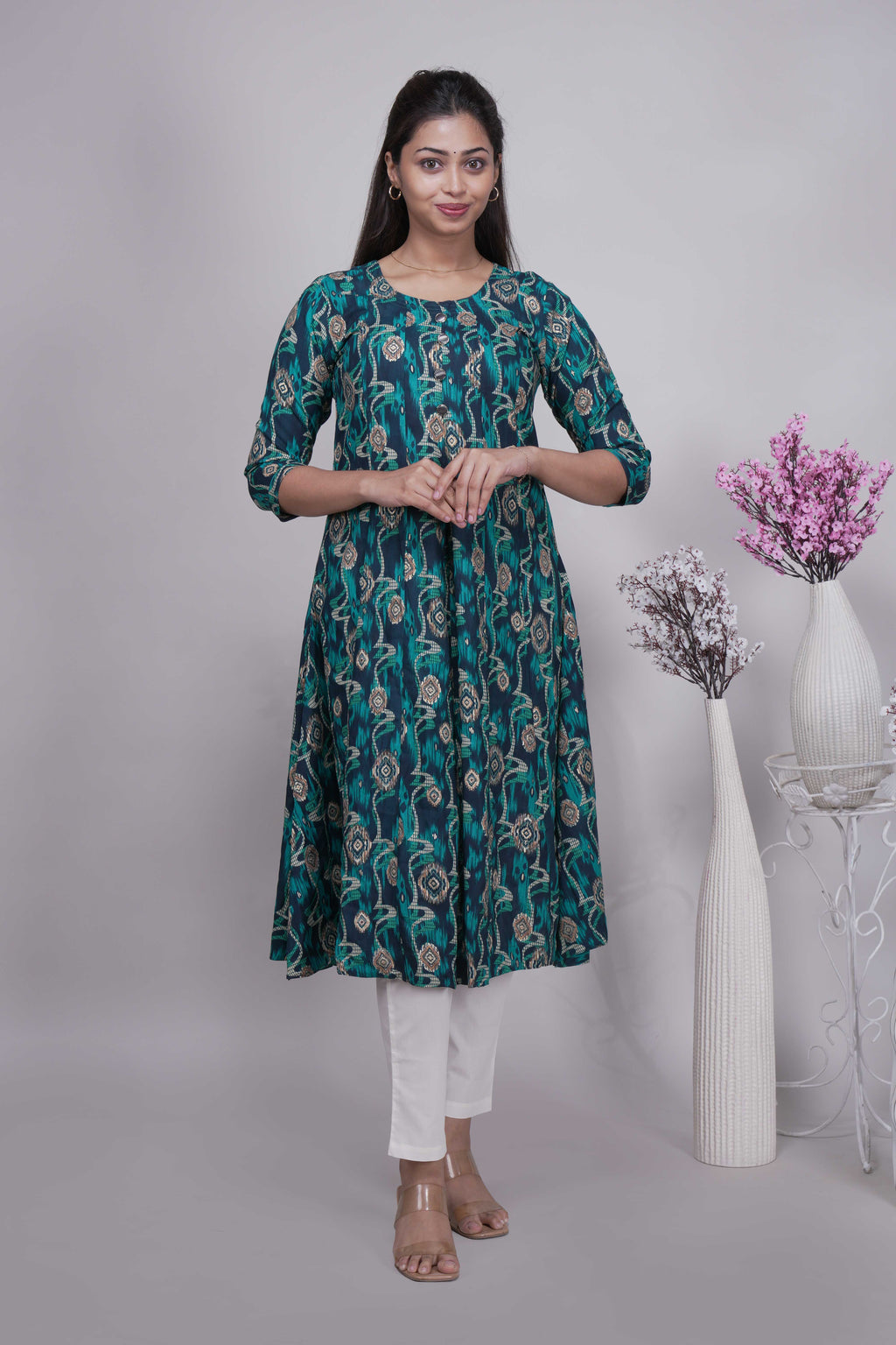 Teal Blue and Green Ikat Print A-Line Kurta