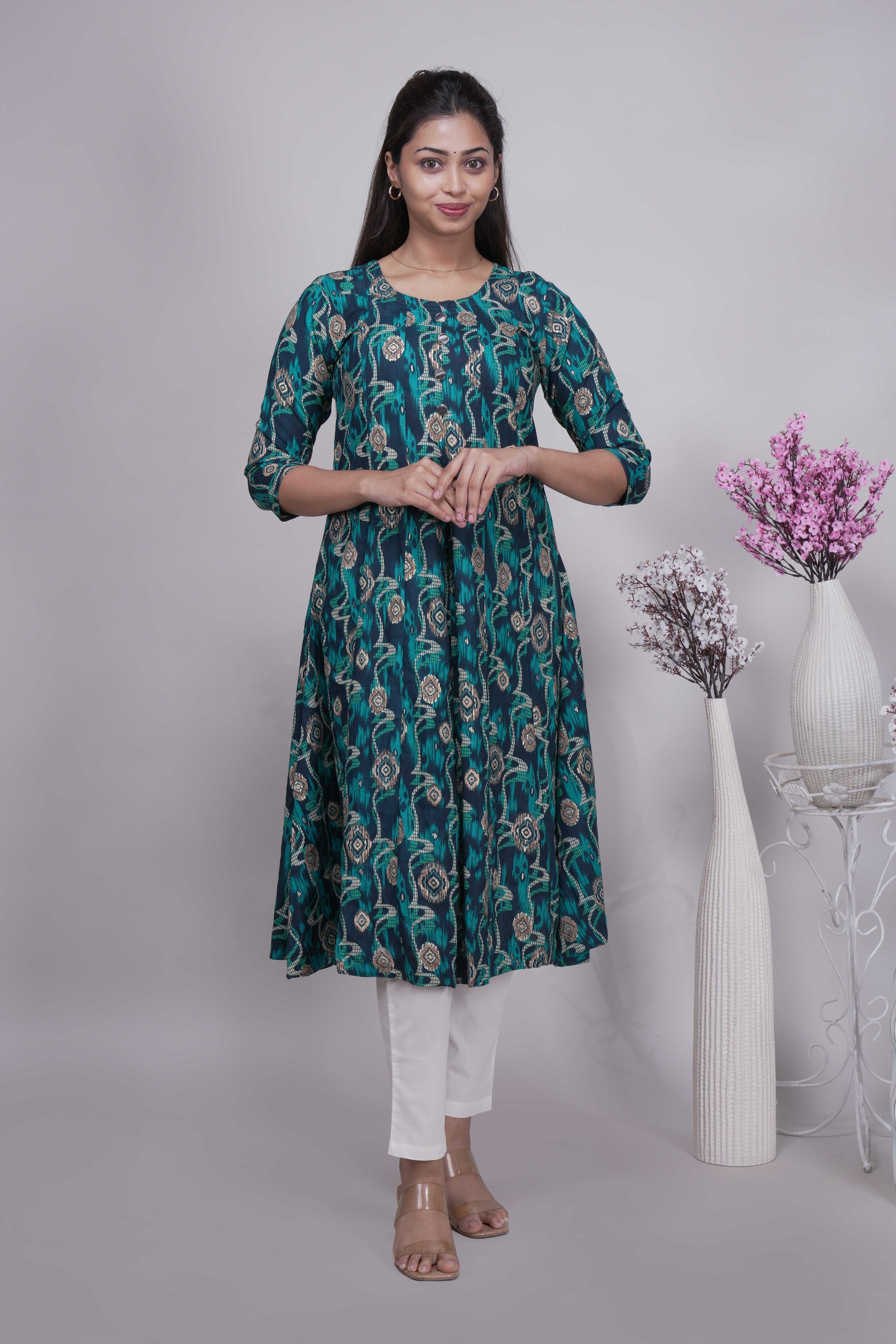 Teal Blue and Green Ikat Print A-Line Kurta
