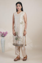 Elegant Beige Jacquard butti Floral Printed Kurta Set with Dupatta