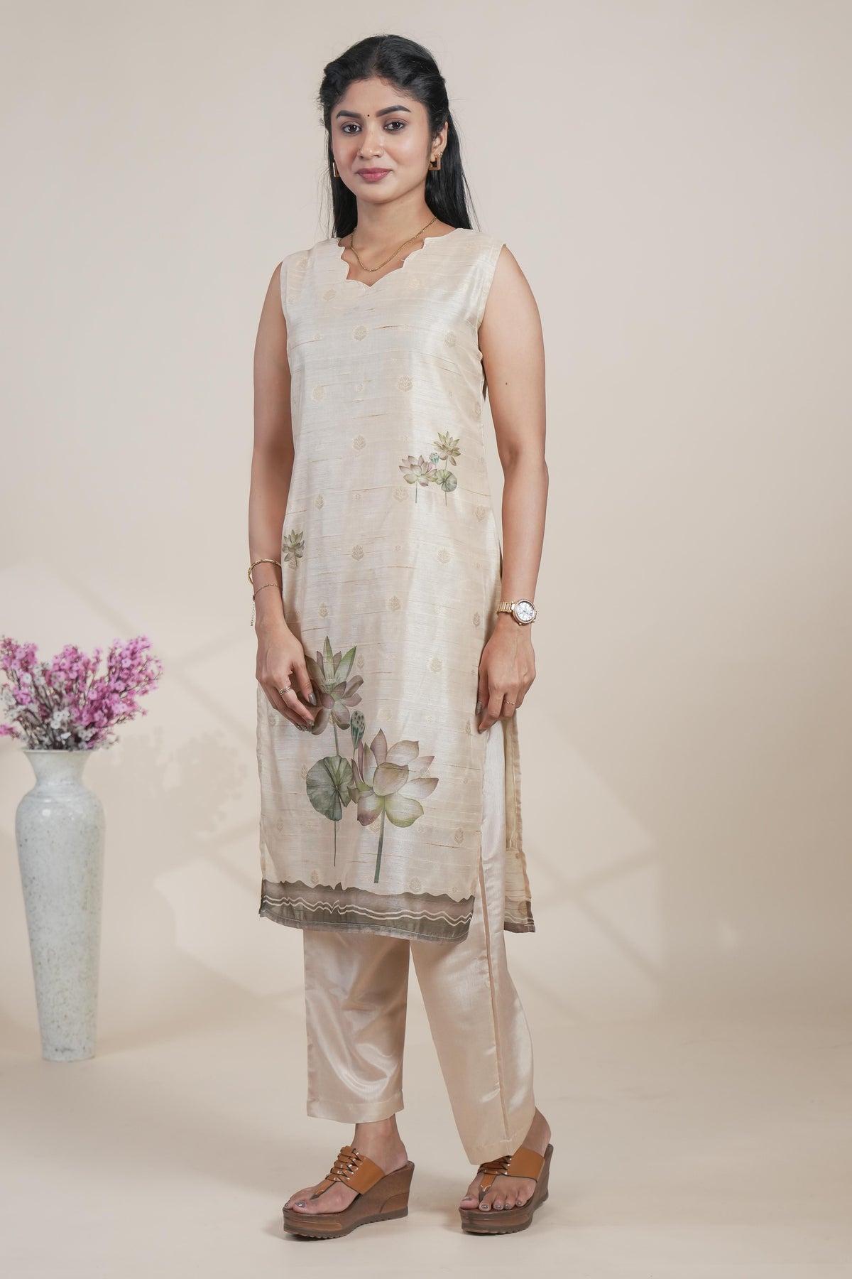 Elegant Beige Jacquard butti Floral Printed Kurta Set with Dupatta