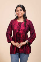 Women's Wine Shibori Printed Lace-Up Fusion Tunic Top