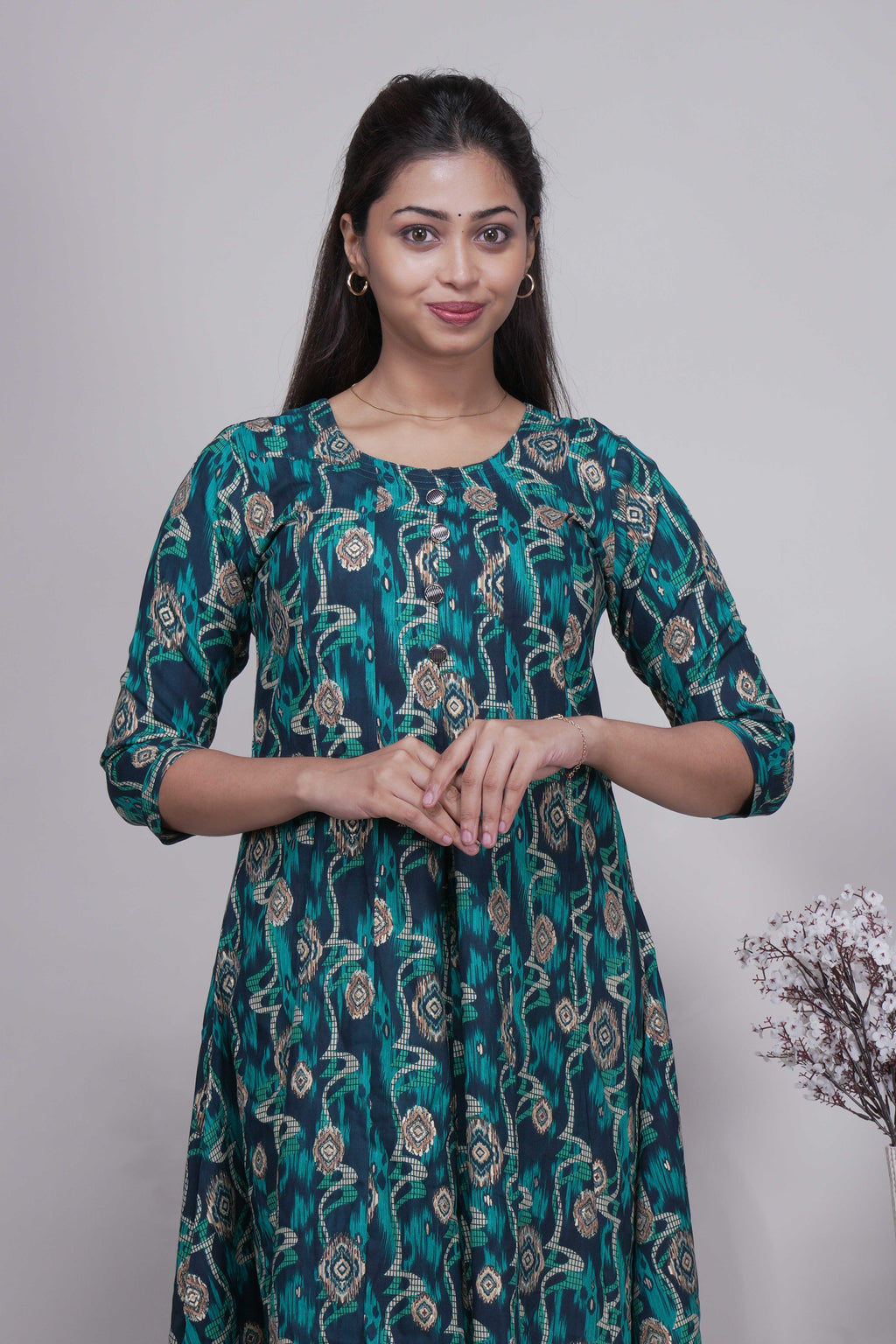 Teal Blue and Green Ikat Print A-Line Kurta