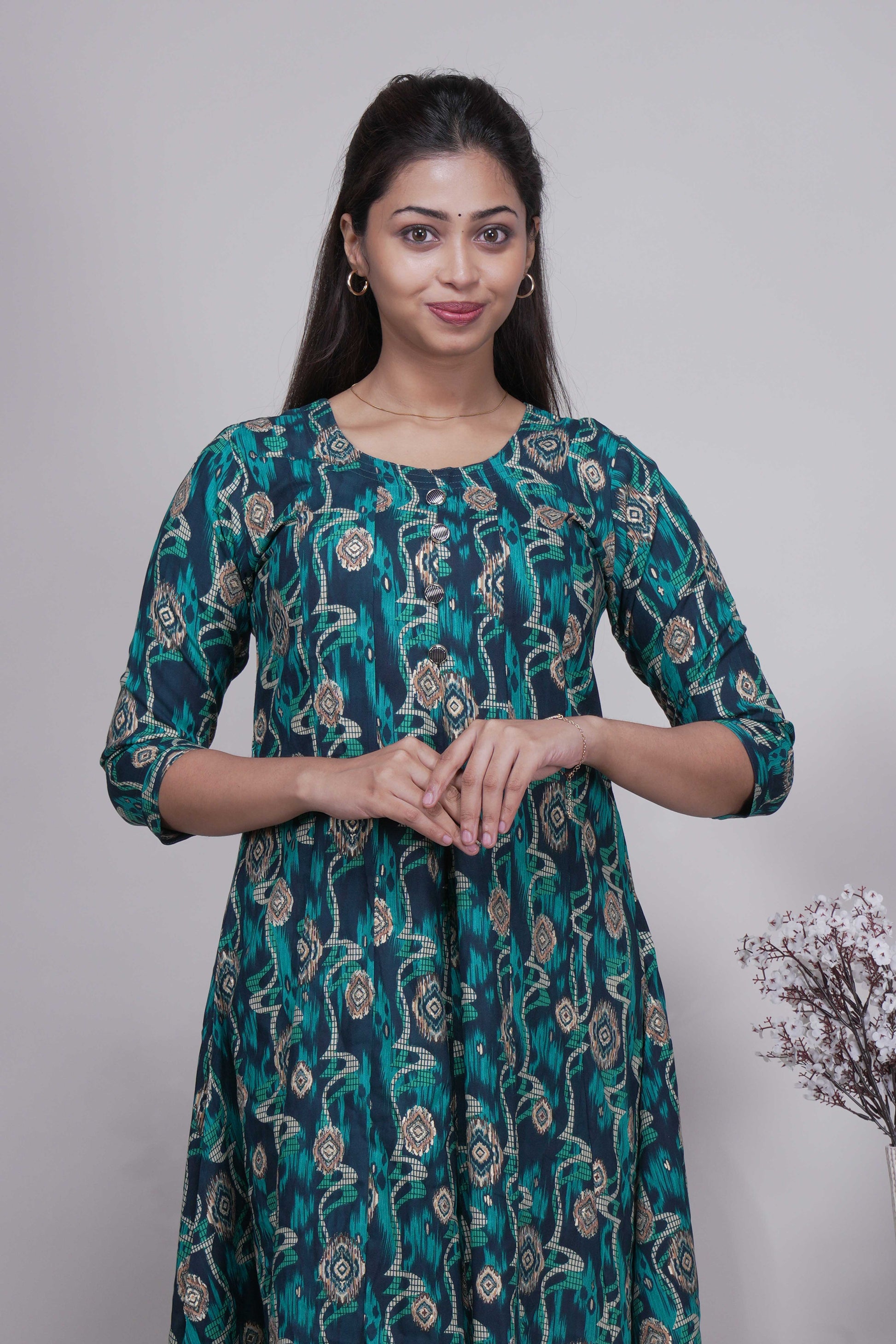 Teal Blue and Green Ikat Print A-Line Kurta