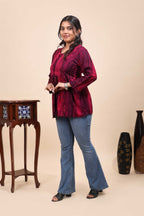 Women's Wine Shibori Printed Lace-Up Fusion Tunic Top
