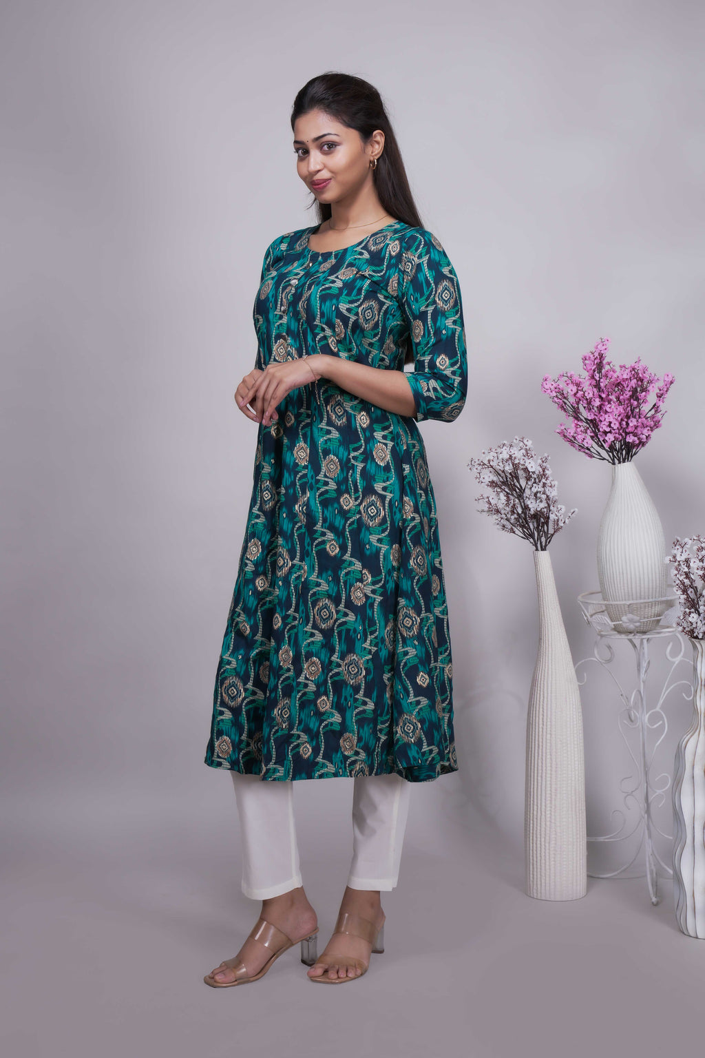 Teal Blue and Green Ikat Print A-Line Kurta