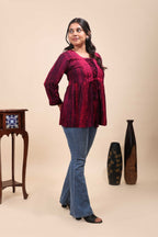 Women's Wine Shibori Printed Lace-Up Fusion Tunic Top