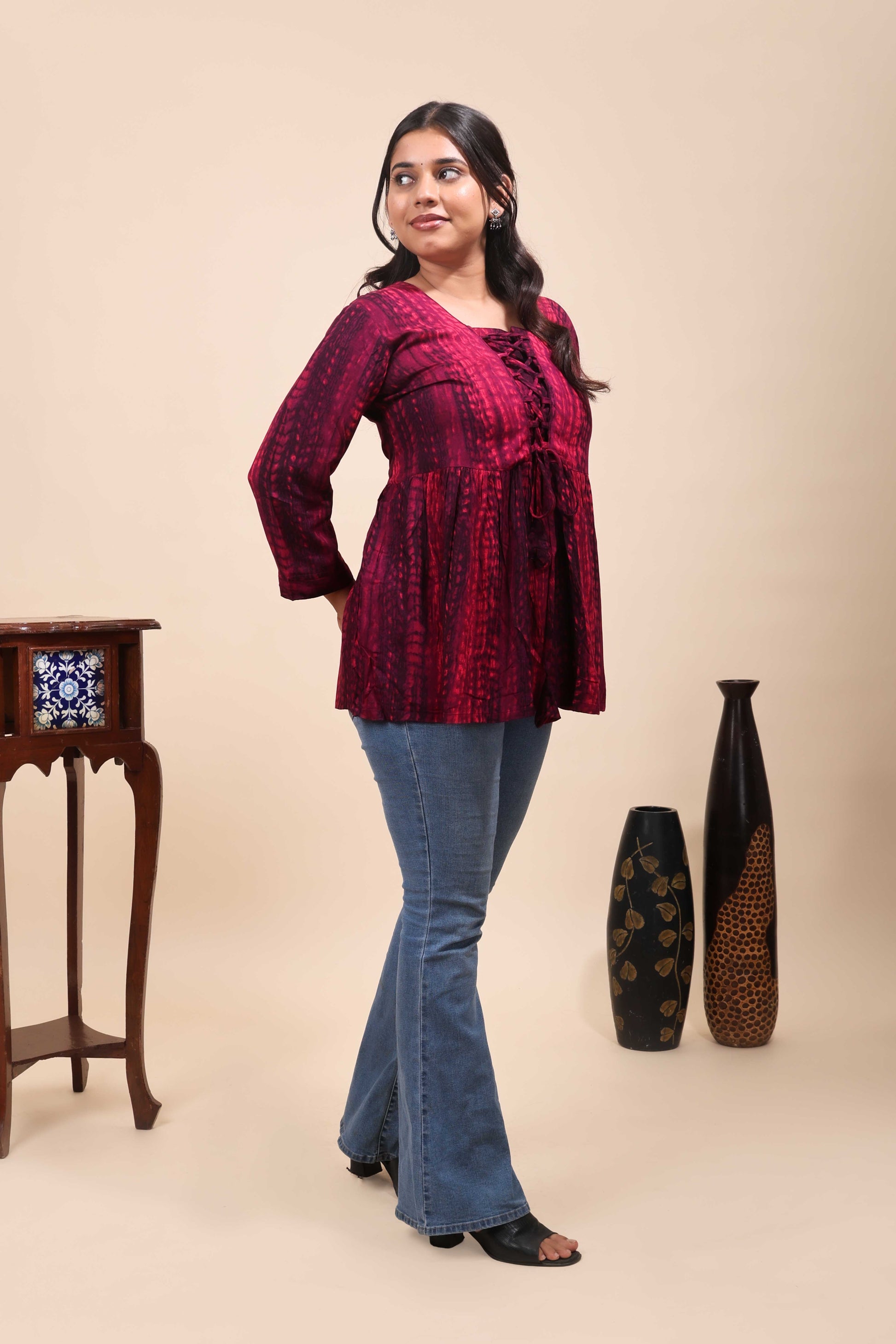 Women's Wine Shibori Printed Lace-Up Fusion Tunic Top