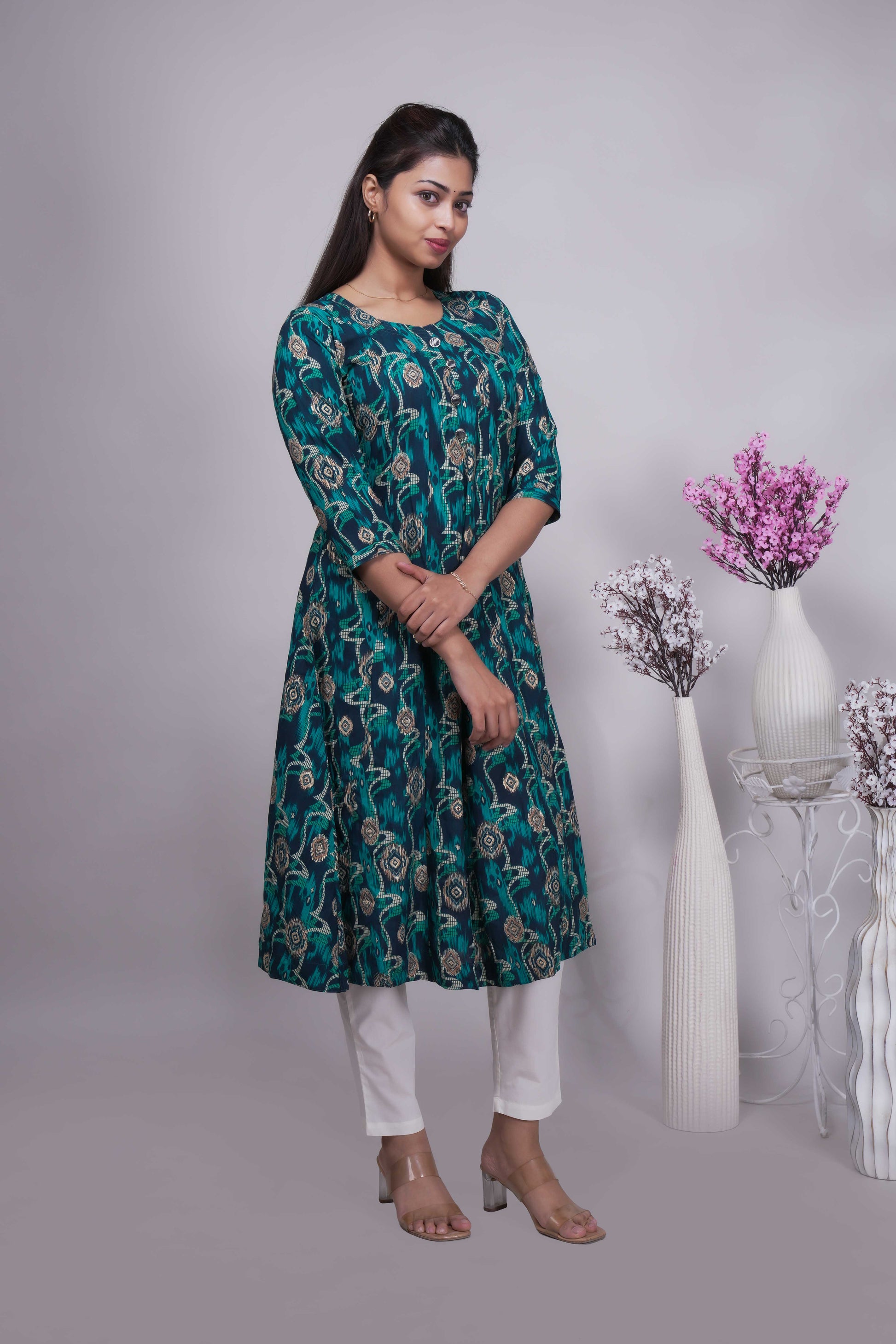 Teal Blue and Green Ikat Print A-Line Kurta