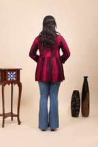 Women's Wine Shibori Printed Lace-Up Fusion Tunic Top