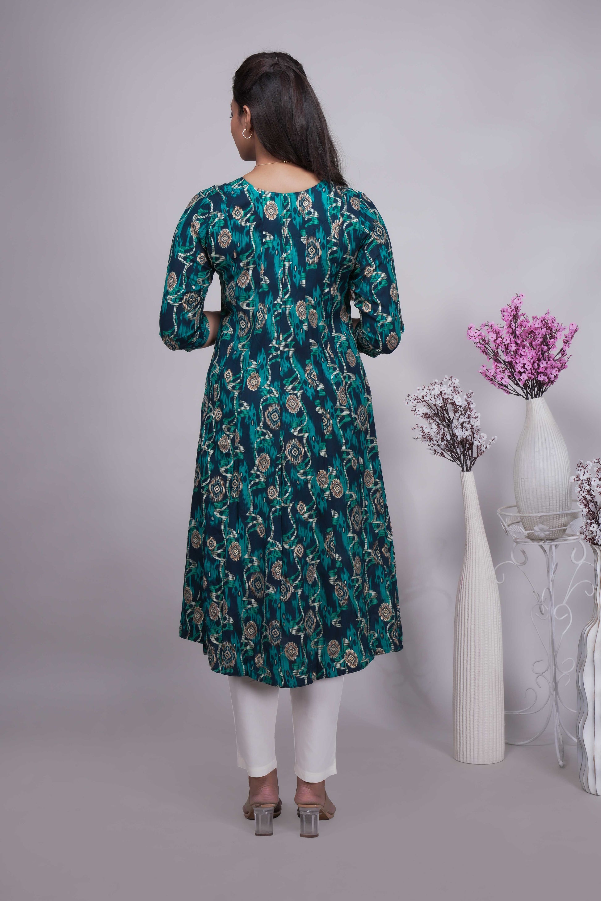 Teal Blue and Green Ikat Print A-Line Kurta
