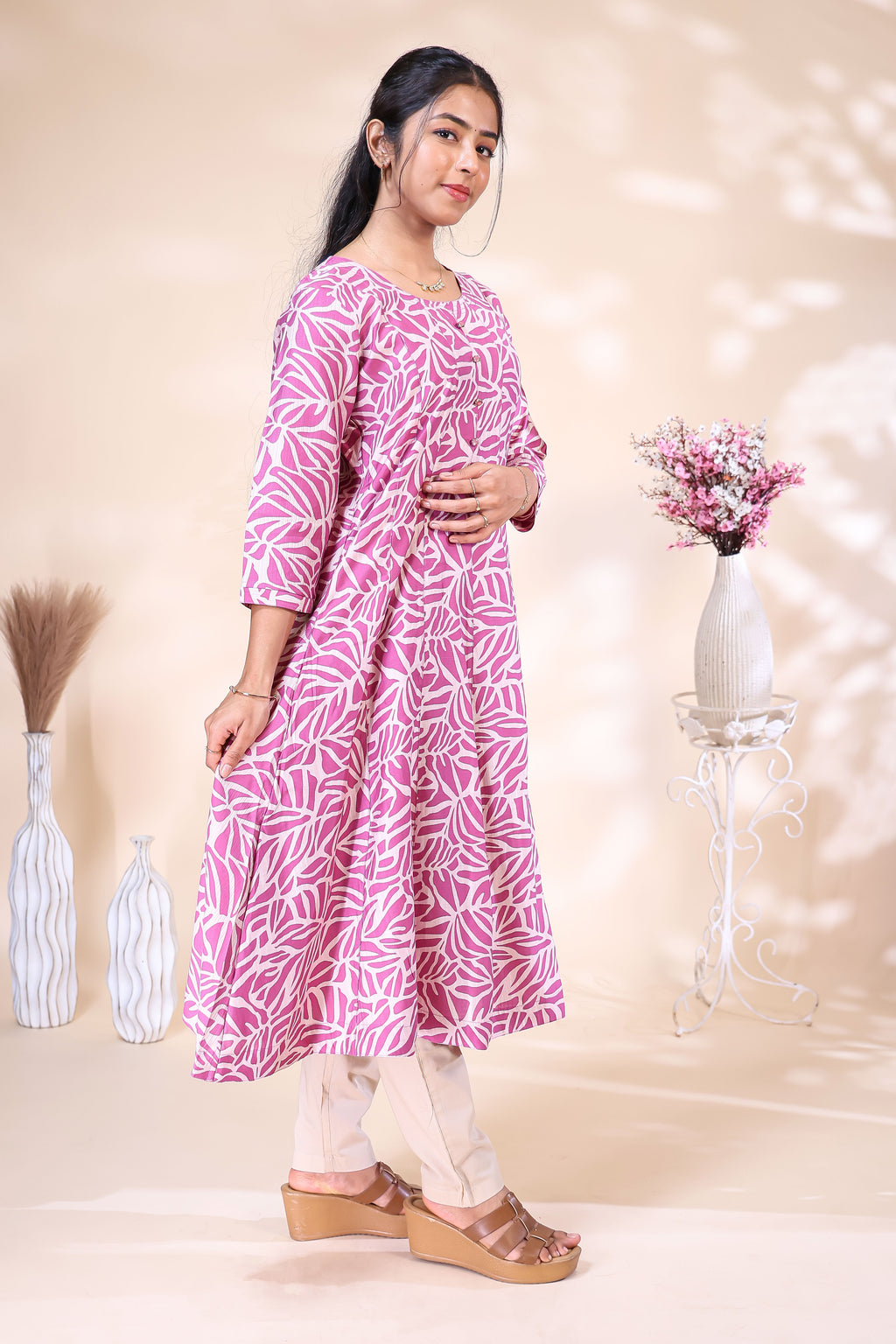Pink and Off-White Leaf Printed Flared with Solid Trousers umbrella  Top