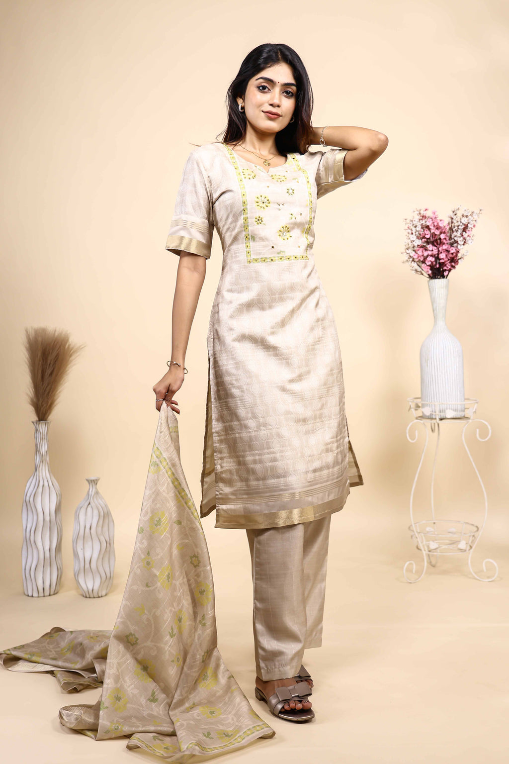 Elegant Beige & Gold Embroidered 3 Piece Set with Dupatta
