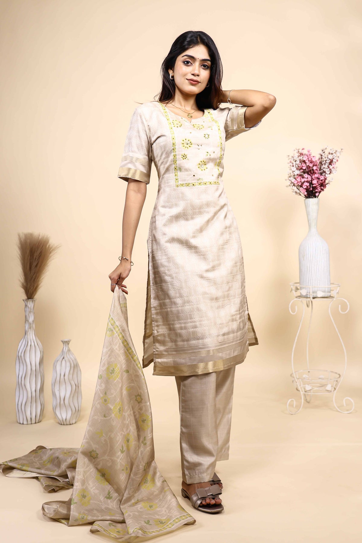Elegant Beige & Gold Embroidered 3 Piece Set with Dupatta