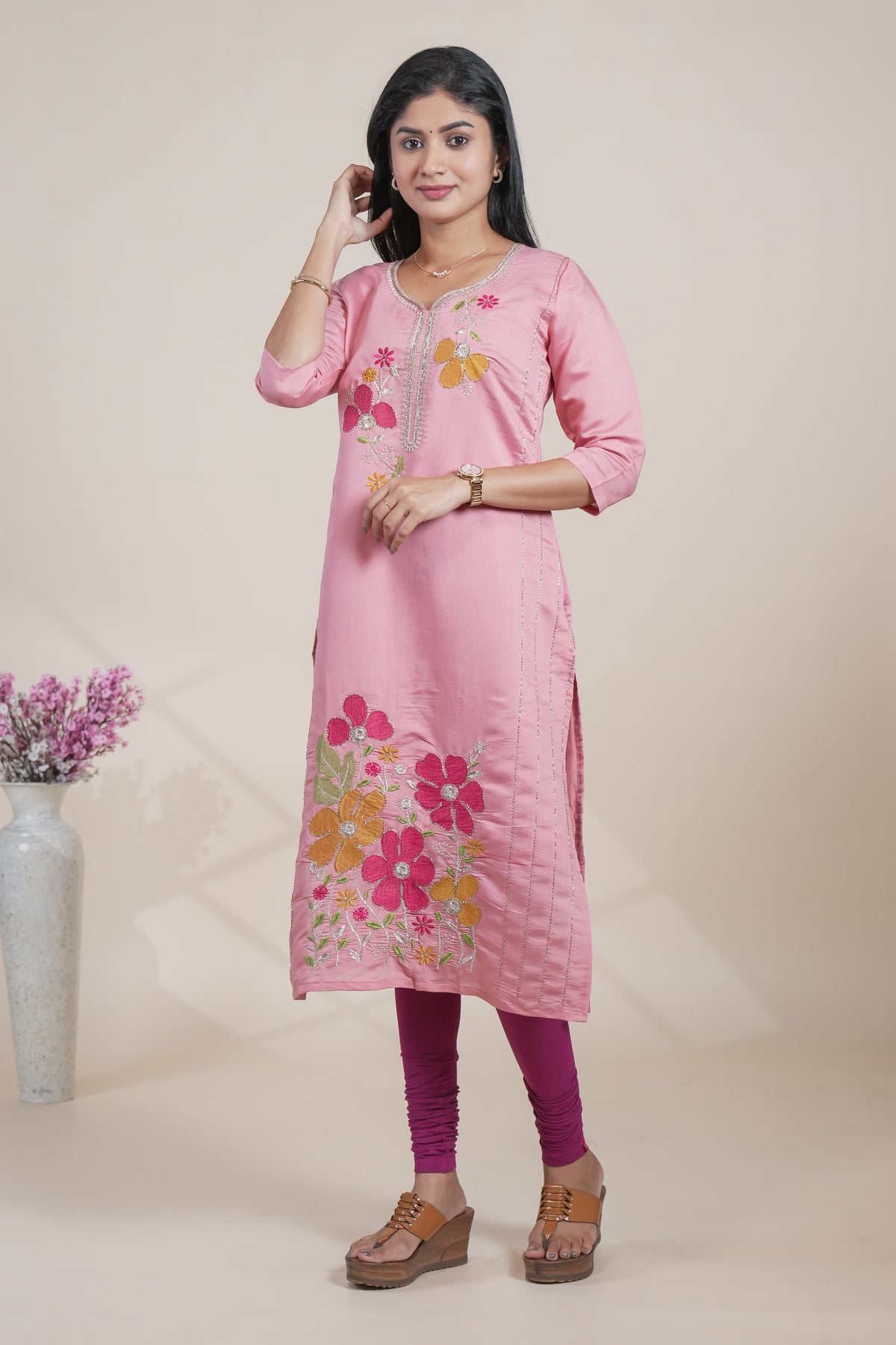 Elegant Pink Floral Embroidered Straight Kurti single piece