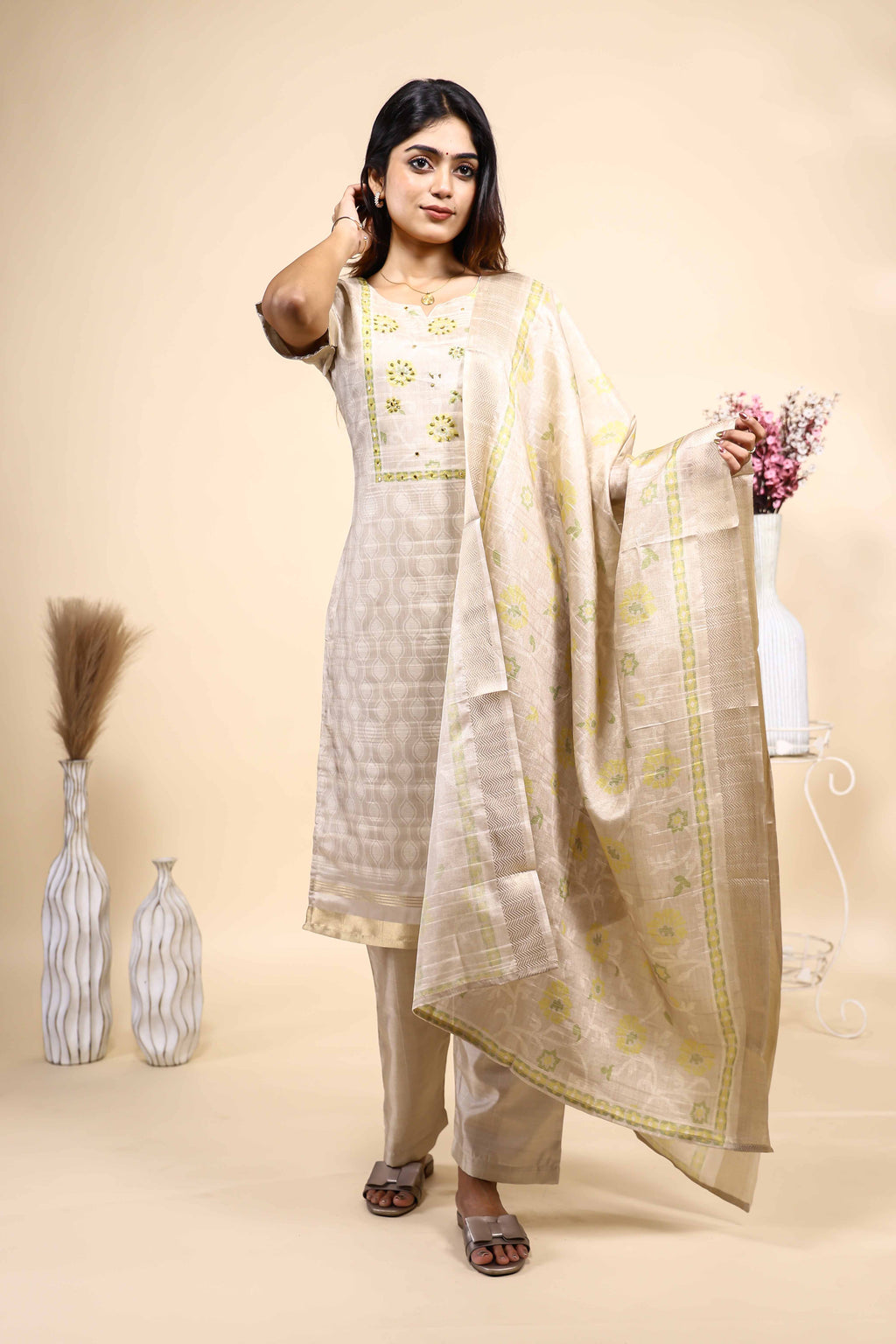 Elegant Beige & Gold Embroidered 3 Piece Set with Dupatta