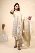 Elegant Beige & Gold Embroidered 3 Piece Set with Dupatta