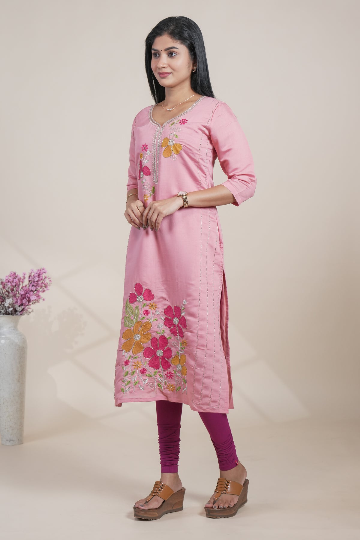 Elegant Pink Floral Embroidered Straight Kurti single piece