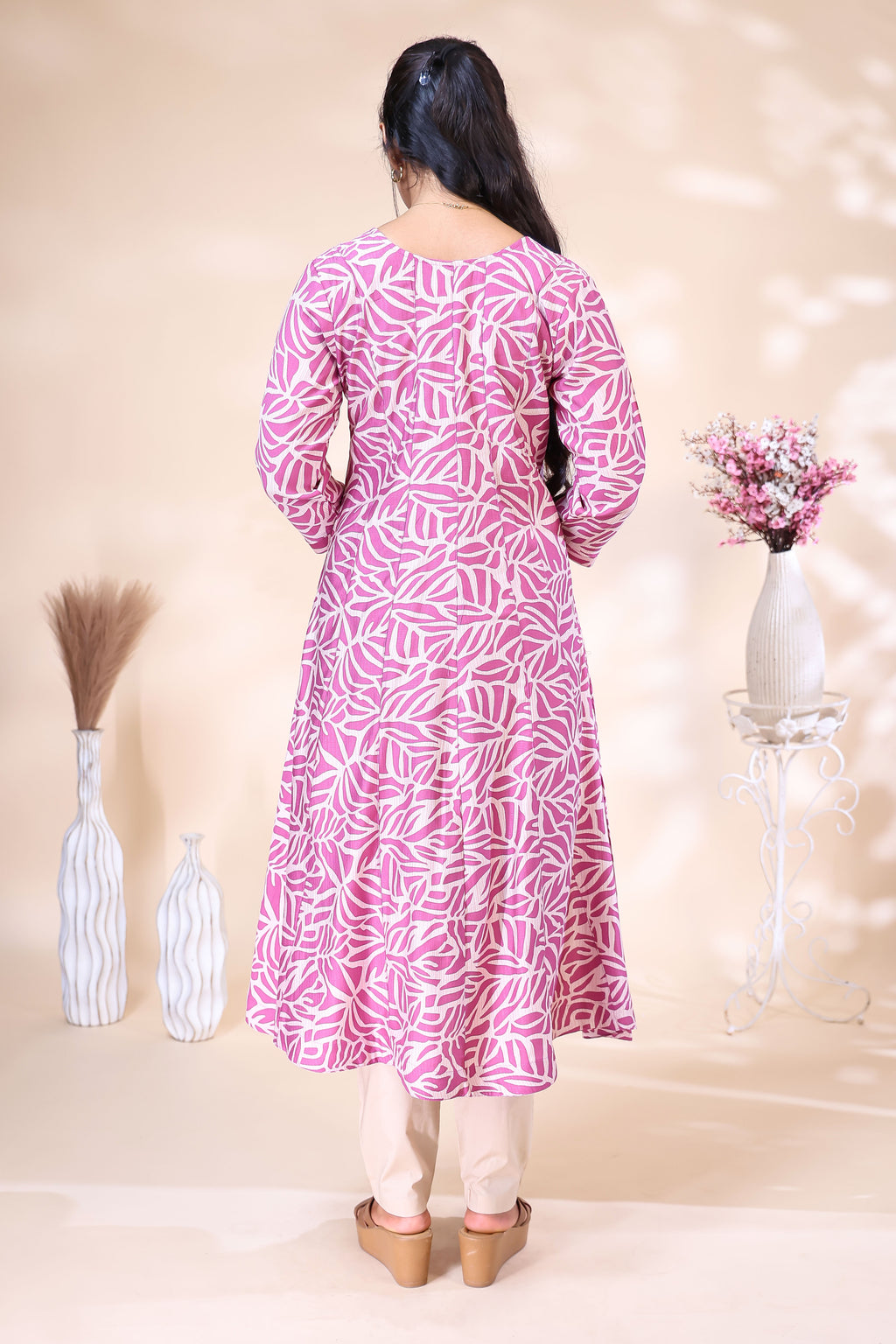Pink and Off-White Leaf Printed Flared with Solid Trousers umbrella  Top