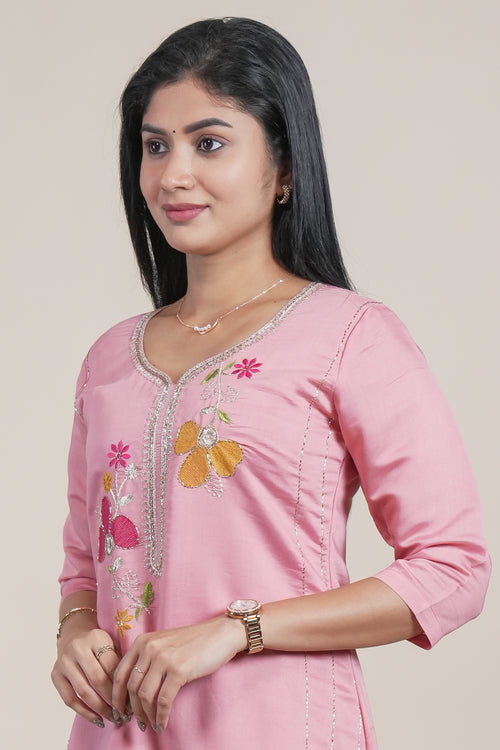 Elegant Pink Floral Embroidered Straight Kurti single piece
