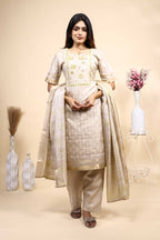 Elegant Beige & Gold Embroidered 3 Piece Set with Dupatta