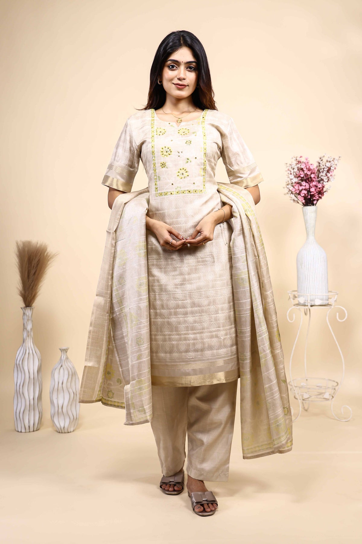 Elegant Beige & Gold Embroidered 3 Piece Set with Dupatta