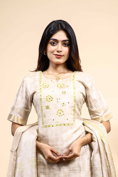 Elegant Beige & Gold Embroidered 3 Piece Set with Dupatta
