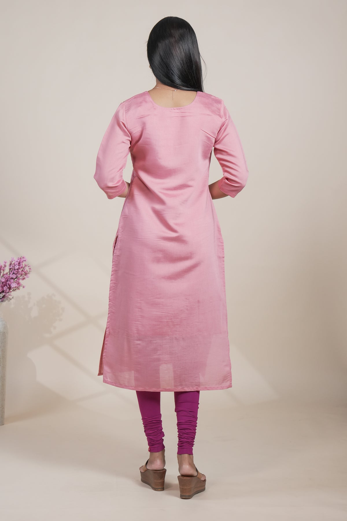 Elegant Pink Floral Embroidered Straight Kurti single piece