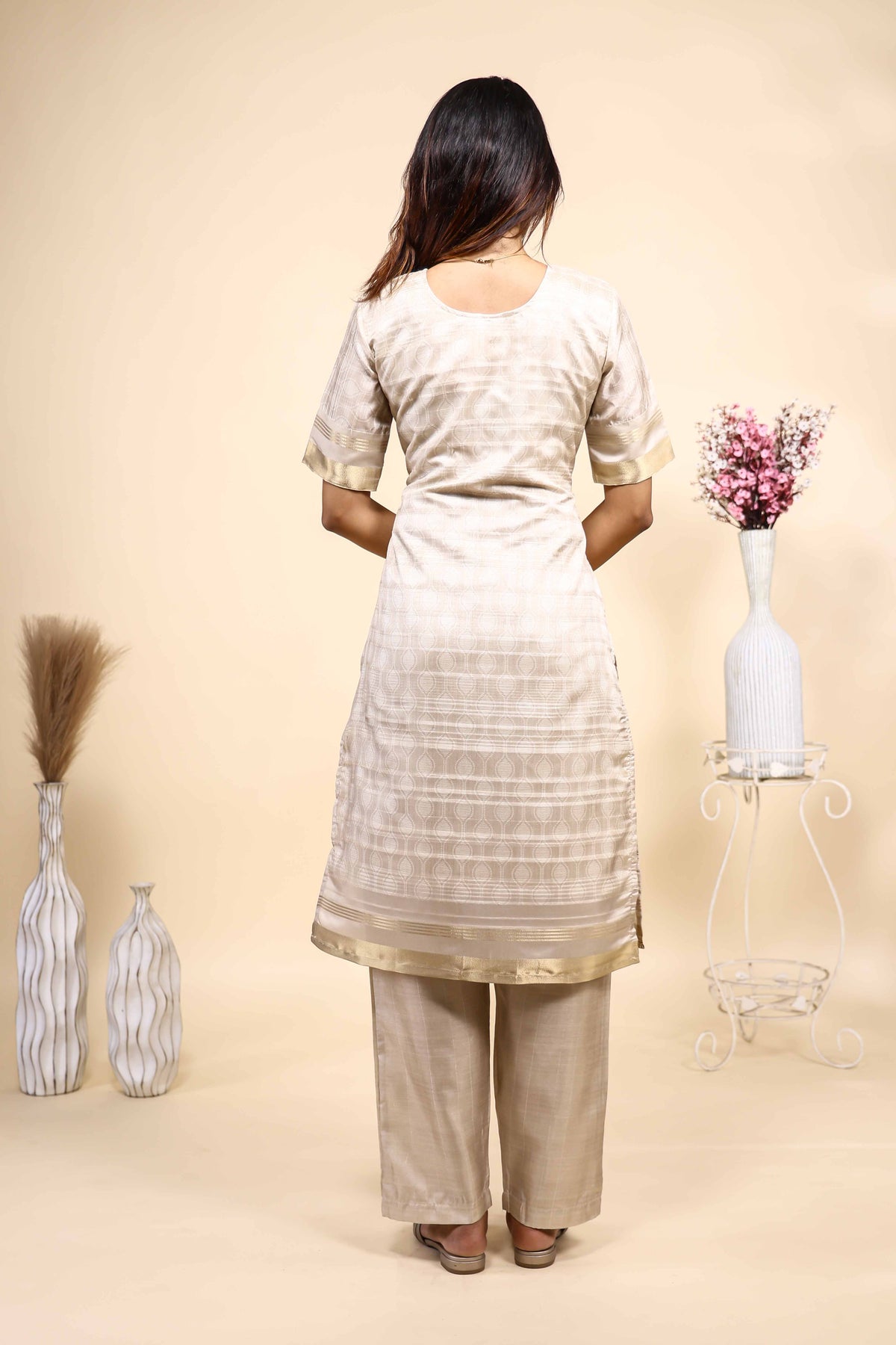 Elegant Beige & Gold Embroidered 3 Piece Set with Dupatta