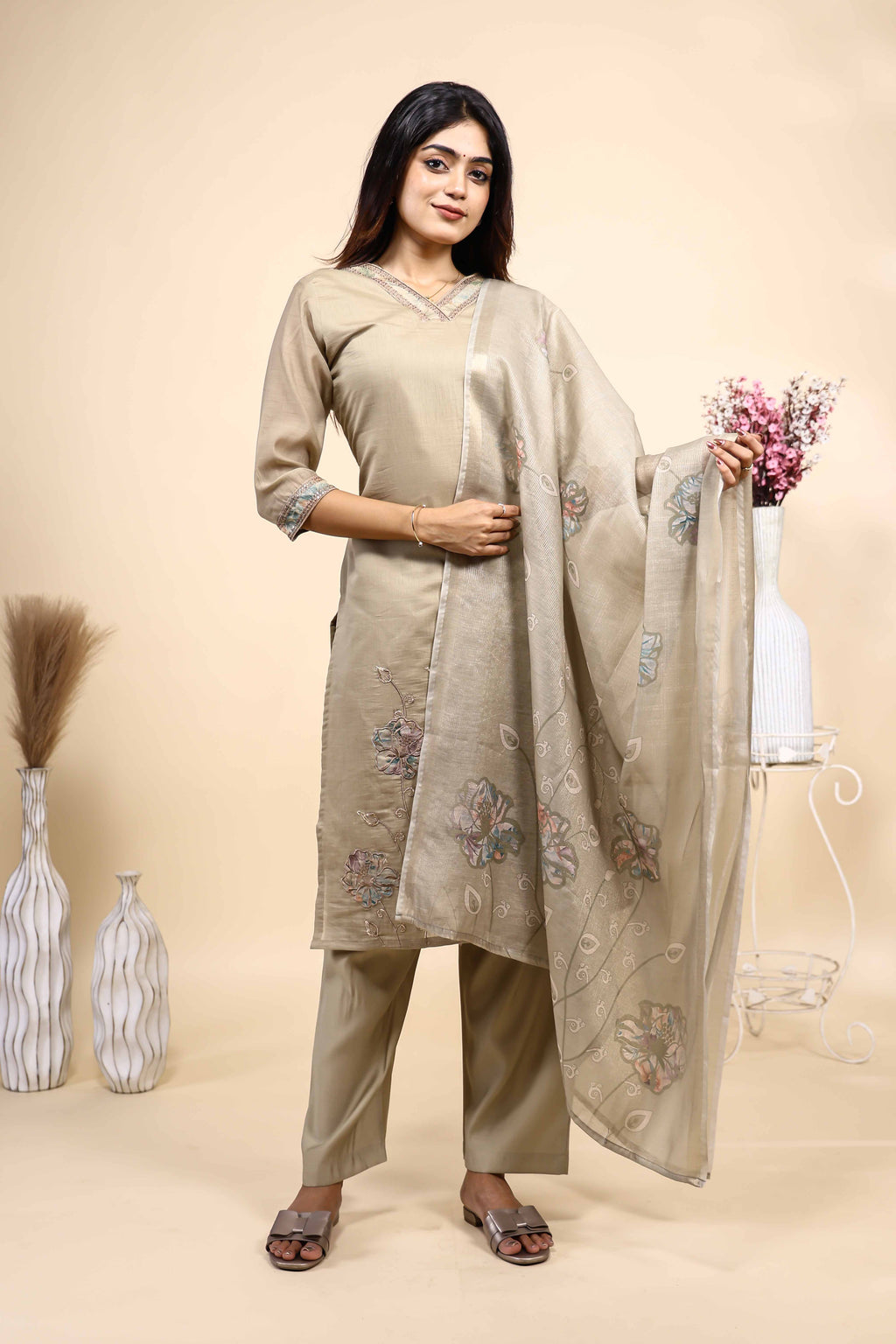 Beige Floral Embroidered Straight Kurta Set with Sheer Printed Dupatta
