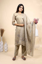 Beige Floral Embroidered Straight Kurta Set with Sheer Printed Dupatta