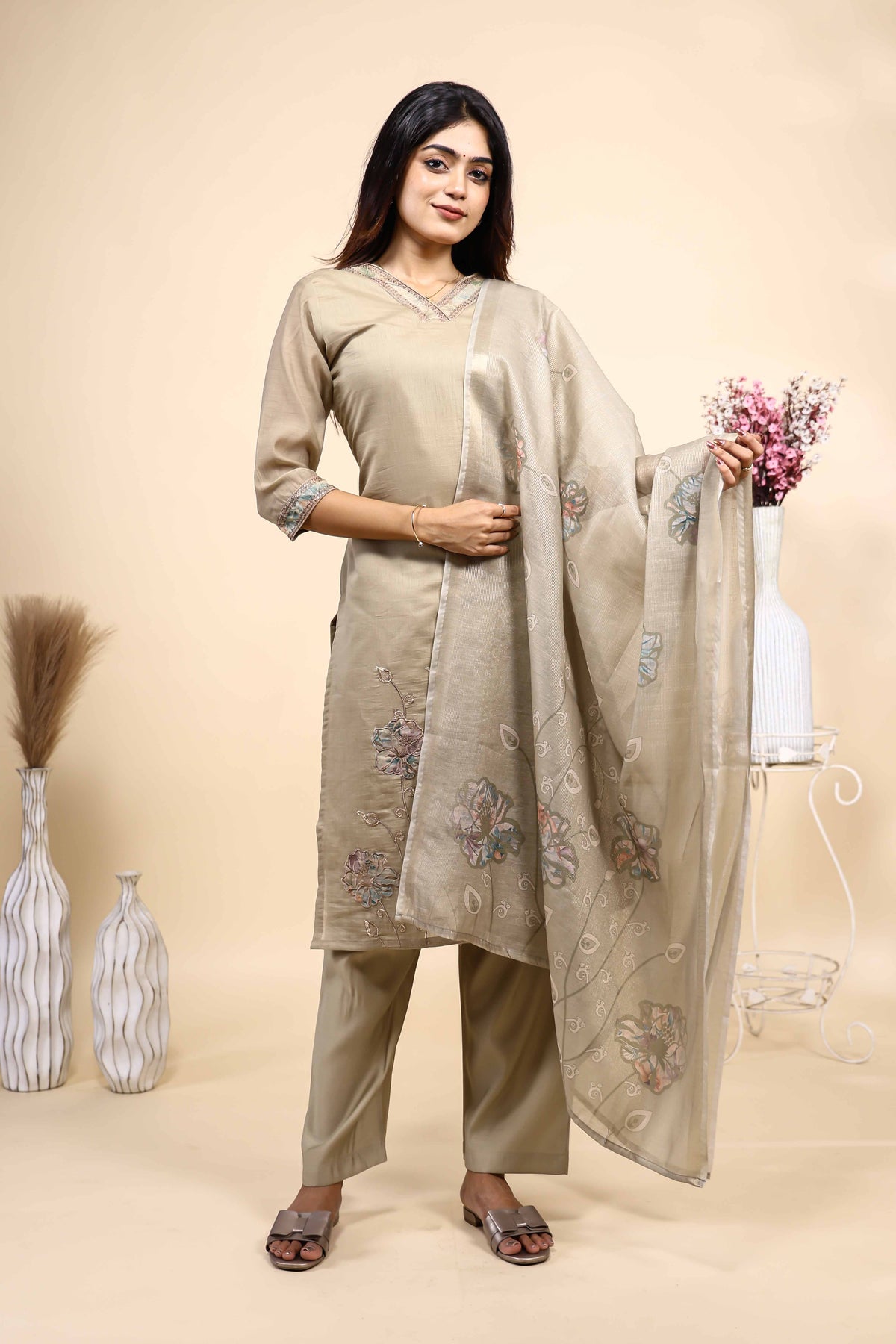 Beige Floral Embroidered Straight Kurta Set with Sheer Printed Dupatta