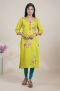 Lime Green Embroidered Straight Kurti with Floral Motifs single piece