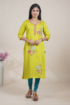 Lime Green Embroidered Straight Kurti with Floral Motifs single piece