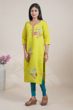 Lime Green Embroidered Straight Kurti with Floral Motifs single piece